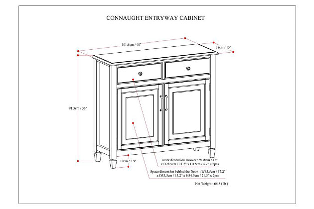 Your entryway is the main traffic zone of your house. Always people coming and going depositing their keys, hats, shoes, wallets and phones at the front door. What a mess! It is for this reason we designed the Connaught Entryway Storage Cabinet. Two drawers conveniently hold your personal items while the two door cabinet has two adjustable shelves that offer an abundance of versatility to effortlessly organize and store away anything you wish to remain hidden...your secret is safe with us. But don't be limited by our description, this flexible and functional piece can be used in just about any room in your home.; Efforts are made to reproduce accurate colors, variations in color may occur due to computer monitor and photography; At Simpli Home we believe in creating excellent, high quality products made from the finest materials at an affordable price. Every one of our products come with a 1-year warranty and easy returns if you are not satisfiedDIMENSIONS: 15" d x 40" w x 36" h | Handcrafted with care using the finest quality solid wood | Hand-finished with a Distressed Grey finish and a protective NC lacquer to accentuate and highlight the grain and the uniqueness of each piece of furniture | Multipurpose cabinet offers plenty of functional storage. Looks great in your living room, entryway, bedroom ,dining room, condo or office | Features 2 drawers for keys, gloves, hats and other items and 2 doors with large interior storage and interior adjustable shelves | Traditional design Includes vintage raised panel doors and drawers, notched legs, bronze decorative hardware and a style reminiscent of the historic British Colonial style | Assembly Required | We believe in creating excellent, high quality products made from the finest materials at an affordable price. Every one of our products come with a 1-year warranty and easy returns if you are not satisfied.