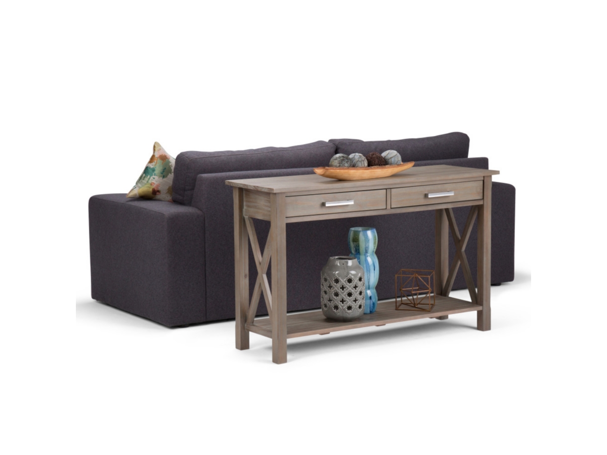 Simpli Home Kitchener Console Sofa Table, Distressed Gray, large