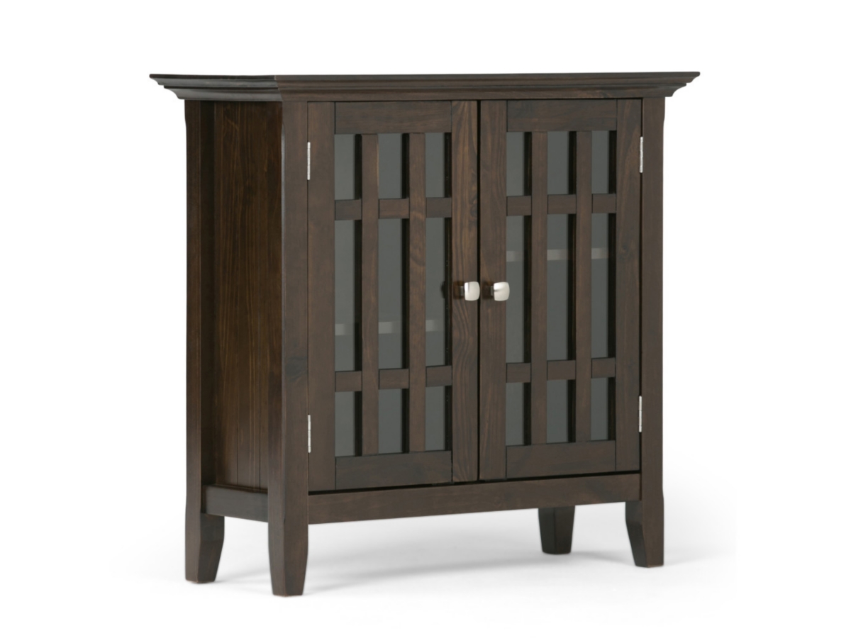 Simpli Home Bedford Low Storage Media Cabinet, Dark Tobacco Brown, large