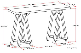 Sometimes a table is not just any table. Oversized, simple and stylish, our Sawhorse Large Console/Sofa Table is designed to fit perfectly in your living room or entryway. This flexible table can be situated by your front door or behind your sofa. We made this table extra large at 50 inches wide by 16.5 inches deep so that you can fit it perfectly and functionally into any of these rooms .. you choose which one!; Efforts are made to reproduce accurate colors, variations in color may occur due to computer monitor and photography; At Simpli Home we believe in creating excellent, high quality products made from the finest materials at an affordable price. Every one of our products come with a 1-year warranty and easy returns if you are not satisfiedDIMENSIONS: 16.5" d x 50" w x 29.5" h; Handcrafted with care using the finest quality solid wood | Hand-finished with a Medium Saddle Brown stain and a protective NC lacquer to accentuate and highlight the grain and the uniqueness of each piece of furniture | Multipurpose table provides a place to display decorative items or store items that need to be easily accessed. Adds function and style without overwhelming the space. Looks great in your living room, family room, entryway, bedroom, condo or den; Assembly required | Features a simple, extra thick table top surface and sturdy sawhorse supports; Style evokes an era long past with its industrial style roots and retro design elements; the collection is based on the utilitarian furnishings found in workshops of handymen, craftsmen and carpenters