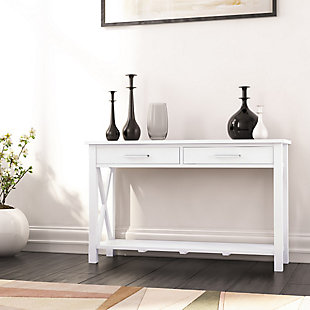 Long and lean. Classic and timeless. The Kitchener Console Table is in a class of its own. It features two large drawers providing ample storage space while the bottom shelf allows you to show off your favorite decorative items. From the living room, family room to the entryway, this Console Table is a great way to gain storage in almost any room in your home...you choose which one.; Efforts are made to reproduce accurate colors, variations in color may occur due to computer monitor and photography; At Simpli Home we believe in creating excellent, high quality products made from the finest materials at an affordable price. Every one of our products come with a 1-year warranty and easy returns if you are not satisfiedDIMENSIONS: 15.75" D x 47.4" W x 29" H; Handcrafted with care using the finest quality solid wood | Hand-finished in White with a protective NC lacquer | Multipurpose table provides a place to display decorative items or store items that need to be easily accessed. Adds function and style without overwhelming the space. Looks great in your living room, family room, entryway, bedroom, condo or den; Assembly required | Features two large drawers with metal drawer glides and bottom shelf provides ample storage space.; Contemporary style includes a square edged table, Brushed Nickel pulls, X design detail and square legs