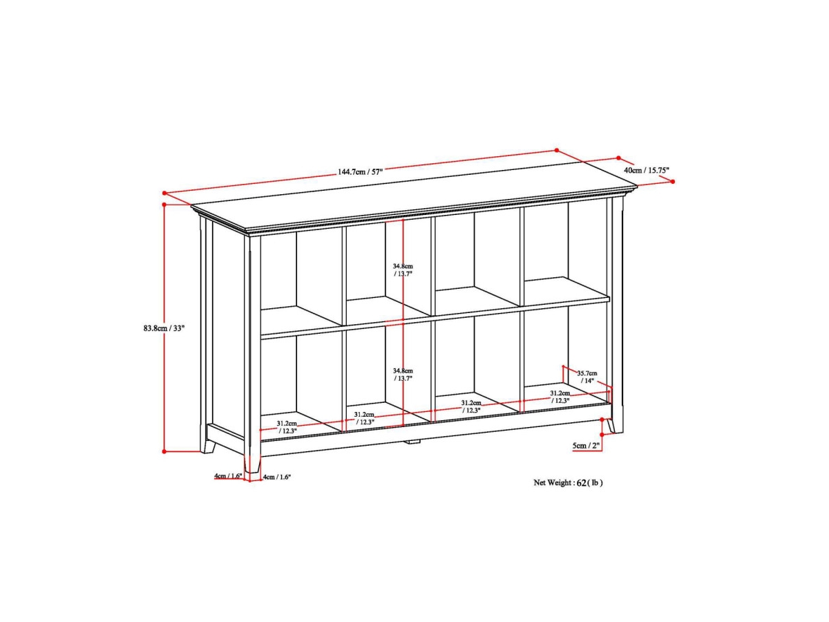 Simpli Home Amherst 8 Cube Bookcase Storage Sofa Table, Hickory Brown, large