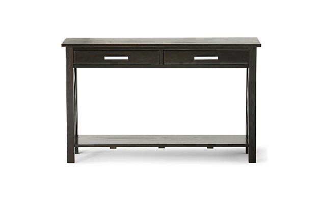 Long and lean. Classic and timeless. The Kitchener Console Table is in a class of its own. It features two large drawers providing ample storage space while the bottom shelf allows you to show off your favorite decorative items. From the living room, family room to the entryway, this Console Table is a great way to gain storage in almost any room in your home...you choose which one.; Efforts are made to reproduce accurate colors, variations in color may occur due to computer monitor and photography; At Simpli Home we believe in creating excellent, high quality products made from the finest materials at an affordable price. Every one of our products come with a 1-year warranty and easy returns if you are not satisfiedDIMENSIONS: 15.75" D x 47.4" W x 29" H; Handcrafted with care using the finest quality solid wood | Hand-finished with a Hickory Brown stain and a protective NC lacquer to accentuate and highlight the grain and the uniqueness of each piece of furniture | Multipurpose table provides a place to display decorative items or store items that need to be easily accessed. Adds function and style without overwhelming the space. Looks great in your living room, family room, entryway, bedroom, condo or den; Assembly required | Features two large drawers with metal drawer glides and bottom shelf provides ample storage space.; Contemporary style includes a square edged table, Brushed Nickel pulls, X design detail and square legs