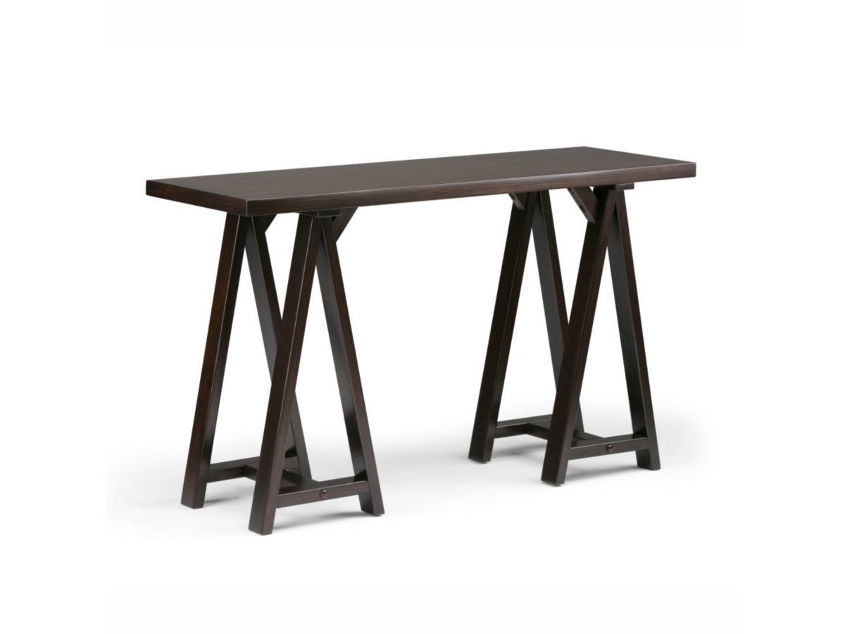 Simpli Home Sawhorse Console Sofa Table, Dark Chestnut Brown, large
