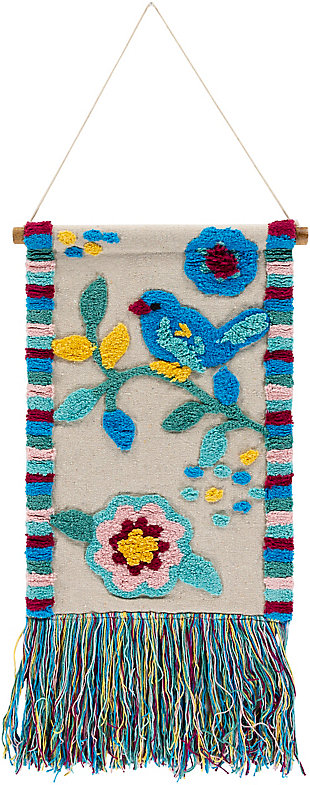 Drawing from bohemian and global inspired styles and designs, this wall hanging is sure to be a trendy addition to your decor space. The hand-knotted construction of this piece offers natural textures and intricate qualities making retro-chic art that caters towards an unconventional way to decorate your living space by adding eclectic charm to any room.Made of 100% cotton | Bright blue, yellow, teal, pink and burgundy | Cord for hanging | Fringe | Indoor use only | Clean with a soft, dry cloth