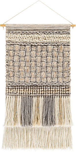 Drawing from bohemian and global inspired styles and designs, this wall hanging is sure to be a trendy addition to your decor space. The handwoven construction of this piece offers natural textures and intricate qualities making retro-chic art that caters towards an unconventional way to decorate your living space by adding eclectic charm to any room.Made of wool, polyester, cotton and wood | Handwoven | Khaki, light gray, medium gray, ivory and dark brown | Fringe | Cord for hanging | Indoor use only | Spot clean with a soft, dry cloth