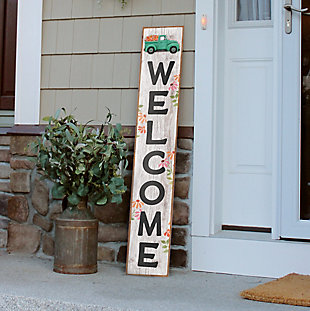 Instead of the red truck we used the accent of a teal truck to match the sentiment of happiness on this Porch Board.  Made in the USA of recyclable materials that are 100% weatherproof!Decorate your door! | 100% Weatherproof | USA Made | Yard decor