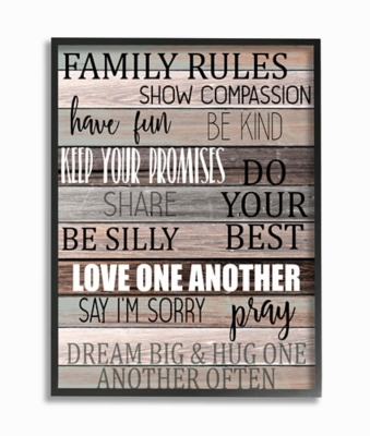 Stupell Family Rules Text Fun Wood Grain Rustic Tan Teal 24 X 30 Framed Wall Art, Brown, large