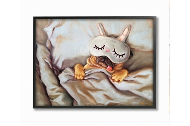 Your search for doggone cute decor is over. This fetching piece of wall art features a passed-out pooch snoozing in bed, complete with a cozy-cute eye mask. This giclee print has a texturized brush stroke finish and sits within a ready-to-hang black frame.Giclee lithograph mounted on wood with a texturized brush stroke finish | Black frame | Ready to hang | Design by lucia heffernan | Made in usa