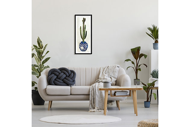 Help your style stay sharp with this cactus still life. The pretty and prickly figure is perched in an ornate blue vase, creating a modern meets boho vibe wherever you place it. This giclee print has a texturized brush stroke finish and sits within a ready-to-hang black frame.Giclee lithograph mounted on wood with a texturized brush stroke finish | Black frame | Ready to hang | Design by stellar design studio | Made in usa