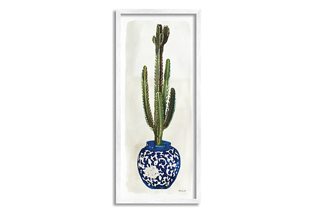 Help your style stay sharp with this cactus still life. The pretty and prickly figure is perched in an ornate blue vase, creating a modern meets boho vibe wherever you place it. This giclee print has a texturized brush stroke finish and sits within a ready-to-hang white frame.Giclee lithograph mounted on wood with a texturized brush stroke finish | White frame | Ready to hang | Design by stellar design studio | Made in usa