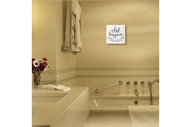 This piece of wall art brings some playfulness to the bathroom with a punny phrase in black script on a white background. A high-quality lithograph, this piece is hand finished, ready-to-hang and comes with a fresh layer of foil on the sides to give it a crisp, clean look.High-quality lithograph mounted on engineered wood | Hand finished with layer of foil on the sides | Ready to hang | Design by daphne polselli | Made in usa