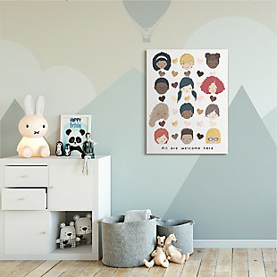 This colorful and kid-friendly print makes all feel welcome. Cute cartoon portraits and hearts are ideal for a playroom, bedroom or even classroom. Printed with high-quality inks and canvas, this piece is hand cut and comes ready to hang.Printed with high-quality inks and hand cut canvas | Wood stretcher bar | Ready to hang | Design by erica billups | Made in usa
