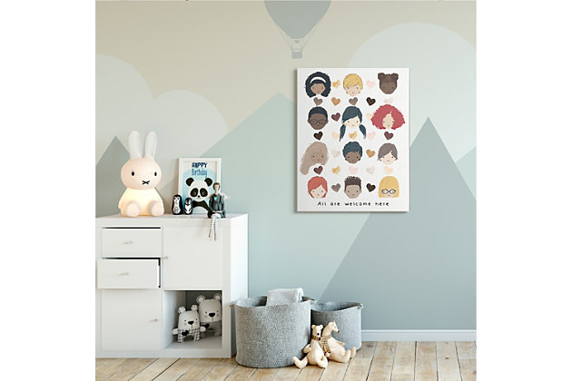 This colorful and kid-friendly print makes all feel welcome. Cute cartoon portraits and hearts are ideal for a playroom, bedroom or even classroom. Printed with high-quality inks and canvas, this piece is hand cut and comes ready to hang.Printed with high-quality inks and hand cut canvas | Wood stretcher bar | Ready to hang | Design by erica billups | Made in usa