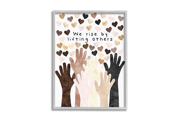 Spread the love and a message of unity with this cute and kid-friendly wall art. Printed with high-quality inks and canvas, this giclee print has a texturized brush stroke finish and sits within a ready-to-hang gray frame.Giclee lithograph mounted on wood with a texturized brush stroke finish | Gray frame | Ready to hang | Design by erica billups | Made in usa