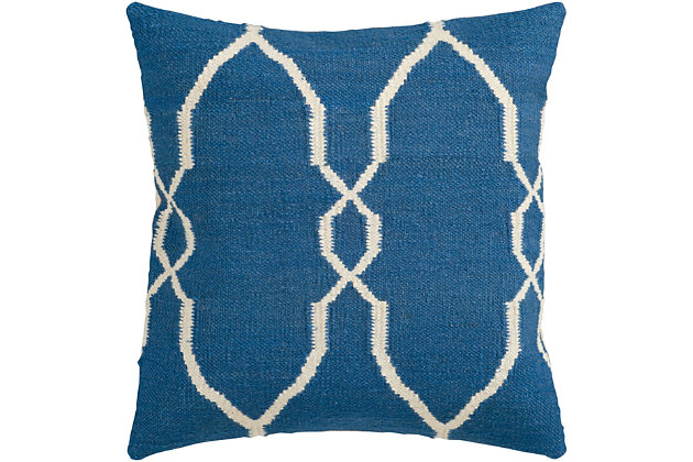 Luring with a dramatic diamond pattern, this blue and beige throw pillow is sure to elevate your space. Comfy cover’s wool-cotton blend is love at first touch.Wool/cotton cover | Polyester insert | Handmade | Zipper closure | Imported | Spot clean only; line dry