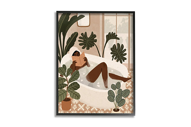 Beautify your bathroom with this piece of wall decor. This artistic print features a muted yet eye-catching color combination and a relaxing vibe that's perfect for sinking into soapy bubbles with a good book. This giclee print has a texturized brush stroke finish and sits within a ready-to-hang black frame.Giclee lithograph mounted on wood with a texturized brush stroke finish | Black frame | Ready to hang | Design by victoria barnes | Made in usa
