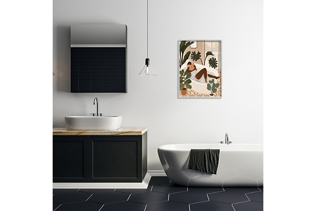 Beautify your bathroom with this piece of wall decor. This artistic print features a muted yet eye-catching color combination and a relaxing vibe that's perfect for sinking into soapy bubbles with a good book. This giclee print has a texturized brush stroke finish and sits within a ready-to-hang gray frame.Giclee lithograph mounted on wood with a texturized brush stroke finish | Gray frame | Ready to hang | Design by victoria barnes | Made in usa