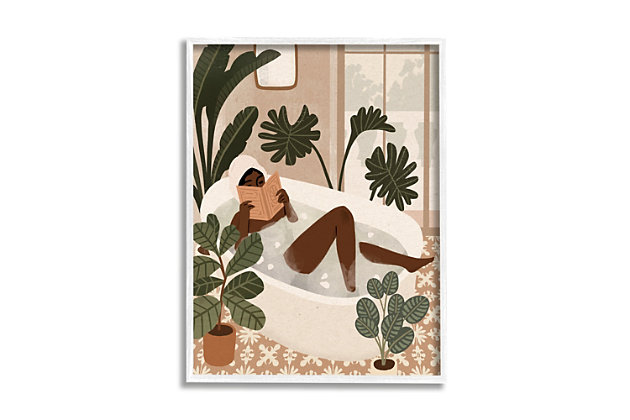 Beautify your bathroom with this piece of wall decor. This artistic print features a muted yet eye-catching color combination and a relaxing vibe that's perfect for sinking into soapy bubbles with a good book. This giclee print has a texturized brush stroke finish and sits within a ready-to-hang white frame.Giclee lithograph mounted on wood with a texturized brush stroke finish | White frame | Ready to hang | Design by victoria barnes | Made in usa