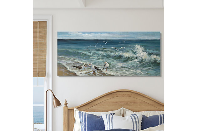 Soak in the serenity of the sea with this wall art. Take in the tranquility of the white-capped waves and the soaring of seagulls as this piece brings a subtly striking element to your decor. Printed with high-quality inks and canvas, this piece is hand cut and comes ready to hang.Printed with high-quality inks and hand cut canvas | Wood stretcher bar | Ready to hang | Design by heather hayes | Made in usa