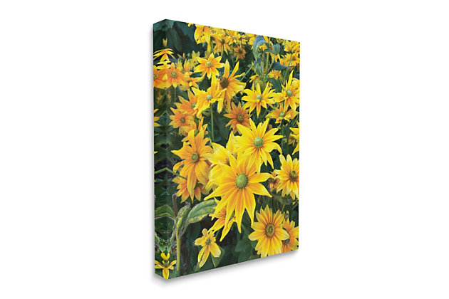 Add a little sunshine to your space with this bold and bright wall art. A blooming field of sunflowers in vibrant yellows and greens brings light and life to your decor in an instant. Printed with high-quality inks and canvas, this piece is hand cut and comes ready to hang.Printed with high-quality inks and hand cut canvas | Wood stretcher bar | Ready to hang | Design by sarah jane | Made in usa