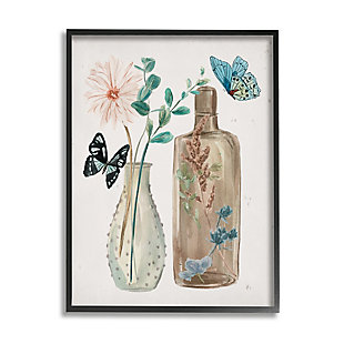 Stupell Butterfly Blooming Floral Jars Tranquil Flower Still-life 24 X 30 Framed Wall Art, Beige, large
