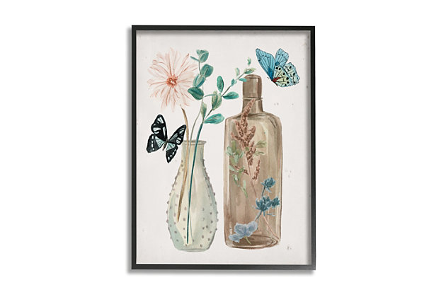 Bouquets and beautiful butterflies take center stage in this wall art, its pastel tones pairing well with existing room decor. This giclee print has a texturized brush stroke finish and sits within a ready-to-hang black frame.Giclee lithograph mounted on wood with a texturized brush stroke finish | Black frame | Ready to hang | Design by Melissa Wang | Made in usa