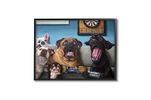 Colorful and comedic, this piece of art showing a handful of hounds playing video games will bring vibrancy to your decor. This giclee print has a texturized brush stroke finish and sits within a ready-to-hang black frame.Giclee lithograph mounted on wood with a texturized brush stroke finish | Black frame | Ready to hang | Design by lucia heffernan | Made in usa