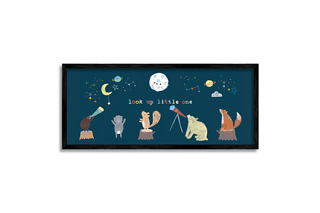 Perfect for adding a decorative touch to your young one's room, this piece of art shows off adorable animals observing a starry sky. This giclee print has a texturized brush stroke finish and sits within a ready-to-hang black frame.Giclee lithograph mounted on wood with a texturized brush stroke finish | Black frame | Ready to hang | Design by linda birtel | Made in usa