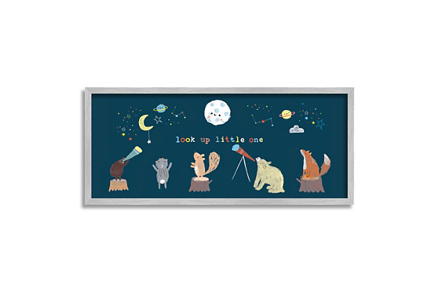 Perfect for adding a decorative touch to your young one's room, this piece of art shows off adorable animals observing a starry sky. This giclee print has a texturized brush stroke finish and sits within a ready-to-hang gray frame.Giclee lithograph mounted on wood with a texturized brush stroke finish | Gray frame | Ready to hang | Design by linda birtel | Made in usa
