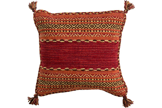 Sporting rich earth tones and flirty tassels, this handmade throw pillow is boho living at its best. Textural cotton-chenille cover looks every bit as enticing as it feels.Cotton/chenille cover | Polyester insert | Handmade | Tassel accents; piped edges | Imported | Spot clean only; line dry