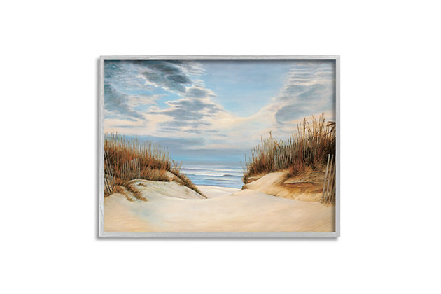 A serene sea and sandy shore are alluring in this wall art. The picturesque print's soothing palate adds charm to your home decor. This giclee print has a texturized brush stroke finish and sits within a ready-to-hang gray frame.Giclee lithograph mounted on wood with a texturized brush stroke finish | Gray frame | Ready to hang | Design by richard dunahay | Made in usa