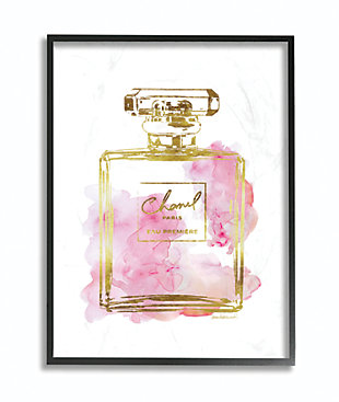 This print of a gold and pink perfume bottle brings notes of glamorous style to your home. This giclee print has a texturized brush stroke finish and sits within a ready-to-hang black frame.Giclee lithograph mounted on wood with a texturized brush stroke finish | Black frame | Ready to hang | Design by amanda greenwood | Made in usa