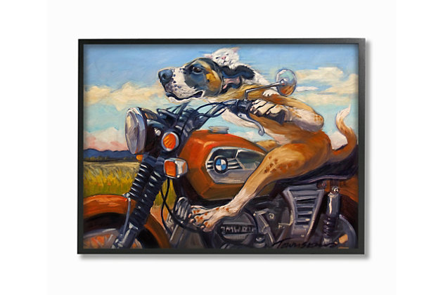 Add some cool and colorful character to your decor with this artwork of two furry friends riding in style on a red motorcycle. This giclee print has a texturized brush stroke finish and sits within a ready-to-hang black frame.Giclee lithograph mounted on wood with a texturized brush stroke finish | Black frame | Ready to hang | Design by tai prints | Made in usa