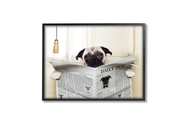 A pug perches and reads the morning news in this piece of art that's perfect for a bathroom or powder room. This giclee print has a texturized brush stroke finish and sits within a ready-to-hang black frame.Giclee lithograph mounted on wood with a texturized brush stroke finish | Black frame | Ready to hang | Design by in house | Made in usa