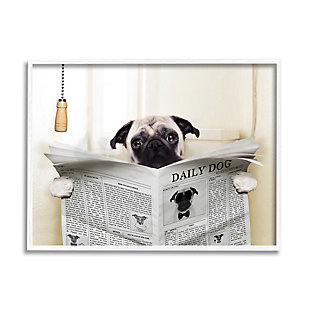 A pug perches and reads the morning news in this piece of art that's perfect for a bathroom or powder room. This giclee print has a texturized brush stroke finish and sits within a ready-to-hang white frame.Giclee lithograph mounted on wood with a texturized brush stroke finish | White frame | Ready to hang | Design by in house | Made in usa
