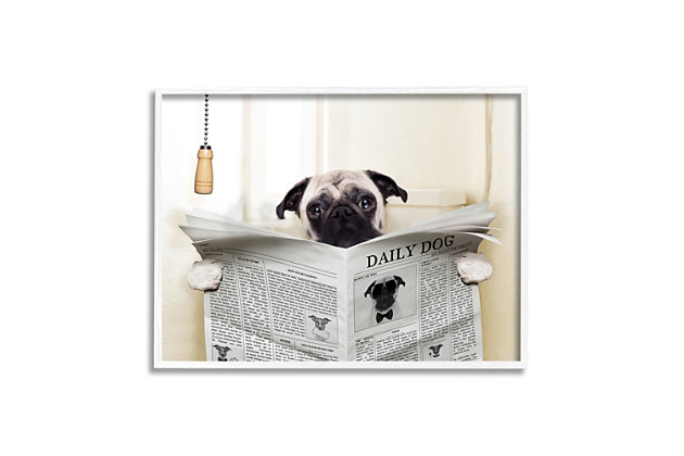 A pug perches and reads the morning news in this piece of art that's perfect for a bathroom or powder room. This giclee print has a texturized brush stroke finish and sits within a ready-to-hang white frame.Giclee lithograph mounted on wood with a texturized brush stroke finish | White frame | Ready to hang | Design by in house | Made in usa