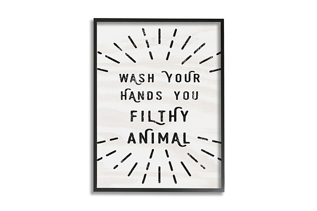 Add some humor to your bathroom decor with this wall art in neutral tones. This giclee print has a texturized brush stroke finish and sits within a ready-to-hang black frame.Giclee lithograph mounted on wood with a texturized brush stroke finish | Black frame | Ready to hang | Design by daphne polselli | Made in usa