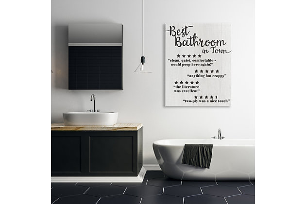 Add some humor to your bathroom decor with this wall art in neutral tones. Printed with high-quality inks and canvas, this piece is hand cut and comes ready to hang.Printed with high-quality inks and hand cut canvas | Wood stretcher bar | Ready to hang | Design by daphne polselli | Made in usa