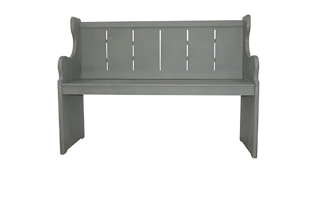 Why not welcome a well-made woodworking touch into your entryway with this church bench? It's crafted from reliable, solid wood with a gray painted finish for a look that fits right in with rustic and farmhouse decor. This bench is fashioned in clean and straightforward lines, with curved armrests and a paneled seat back. We think it's just right for sitting down to kick your shoes off when you come home.Solid wood frame and seat | Gray painted finish | Seats 3 | 550-pound weight capacity | Assembly required | Imported