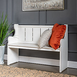 Why not welcome a well-made woodworking touch into your entryway with this church bench? It's crafted from reliable, solid wood with a white painted finish for a look that fits right in with rustic and farmhouse decor. This bench is fashioned in clean and straightforward lines, with curved armrests and a paneled seat back. We think it's just right for sitting down to kick your shoes off when you come home.Solid wood frame and seat | White painted finish | Seats 3 | 550-pound weight capacity | Assembly required | Imported