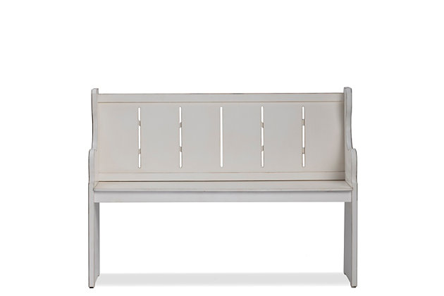 Why not welcome a well-made woodworking touch into your entryway with this church bench? It's crafted from reliable, solid wood with a white painted finish for a look that fits right in with rustic and farmhouse decor. This bench is fashioned in clean and straightforward lines, with curved armrests and a paneled seat back. We think it's just right for sitting down to kick your shoes off when you come home.Solid wood frame and seat | White painted finish | Seats 3 | 550-pound weight capacity | Assembly required | Imported