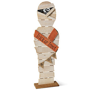 This wooden mummy is an inviting Halloween statue that looks great wherever he is placed. He proclaims, "Trick or Treat" and has a "BOO" banner. This is the perfect decoration to welcome or scare guests as they arrive.Made of pine wood | Handcrafted | Distressed painted finish | No assembly required