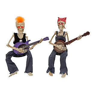 Entertain and amuse your family and neighbors with this pair of scary musicians. These frightfully delightful hippy skeletons playing the banjo and electric guitar will be the hit of your Halloween. With glowing red eyes and movement, they each play a different song. This set will enchant and bewitch with their movement, lights and sounds are sure to become a timeless, spooky favorite for years to come.Set of 2 | Made of plastic, fabric and led lights | Multicolored | Uses 3 aa batteries (included) | No assembly required
