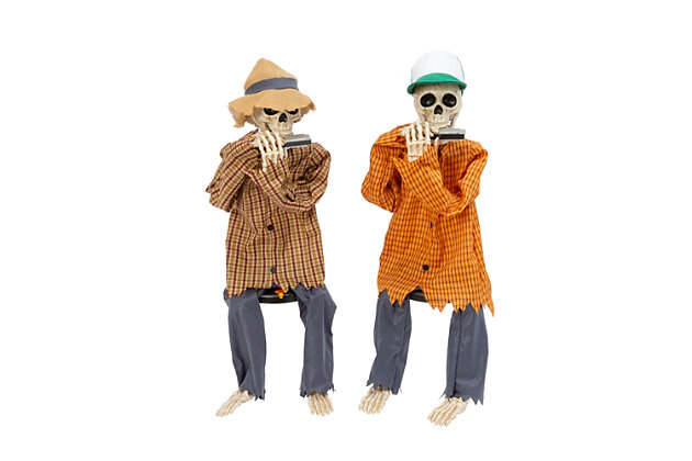 This pair of delightfully frightful skeletons playing harmonicas will be the hit of your Halloween. With movement while they are performing, they each play a different song. The scarecrow with the hat plays "She'll be Coming 'Round the Mountain" and the scarecrow with a baseball cap plays "Oh Susanna". This set will enchant and bewitch with their movement, lights and sounds and are sure to become a timeless, spooky favorite for years to come.Set of 2 | Made of fabric and plastic | Multicolored | Uses 3 aa batteries (included) | No assembly required