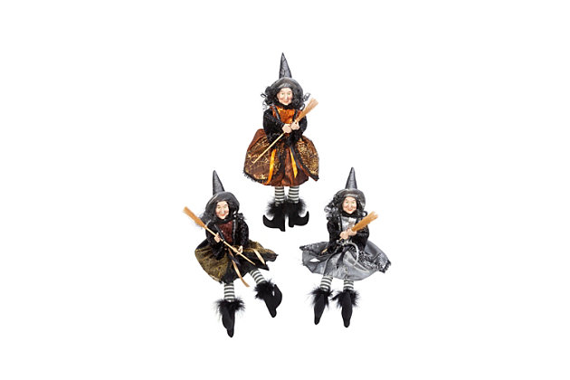 This set of happy witch sisters are bewitchingly detailed holding brooms and wearing black pointed hats. Each fabric witch is dressed in their best fall holiday outfits including stripped leggings and faux fur topped black boots and appear to be getting ready to take off on their brooms. Perfect for display on a tabletop or as part of a shelf arrangement.Set of 3 | Made of polyester | Multicolored | No assembly required