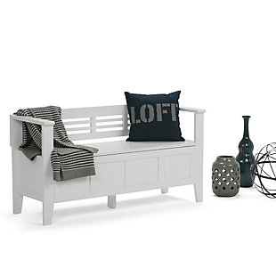 We designed the Adams storage bench, using the finest solid wood, to make sure that the entrance to your home is something you can be proud of. This stylish, functional bench makes a design statement while creating added storage and seating for your entryway or mudroom. "Form follows function" design rules apply here as the bench features a convenient flip up lid allowing for easy retrieval of articles from the dual storage compartment below.DIMENSIONS: 17"D x 48"W x 25.2" H | Handcrafted with care using the finest quality solid wood | Hand-finished with a Rich White Painted Finish and a protective NC lacquer | Multipurpose large, spacious entryway bench seats 2 comfortably | Lift up bench lid opens using safety hinges to expose 2 large internal storage compartments | Contemporary style includes classic shaker style front panel and horizontal ladder patterned back. | Assembly Required | We believe in creating excellent, high quality products made from the finest materials at an affordable price. Every one of our products come with a 1-year warranty and easy returns if you are not satisfied.