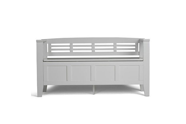 We designed the Adams storage bench, using the finest solid wood, to make sure that the entrance to your home is something you can be proud of. This stylish, functional bench makes a design statement while creating added storage and seating for your entryway or mudroom. "Form follows function" design rules apply here as the bench features a convenient flip up lid allowing for easy retrieval of articles from the dual storage compartment below.DIMENSIONS: 17"D x 48"W x 25.2" H | Handcrafted with care using the finest quality solid wood | Hand-finished with a Rich White Painted Finish and a protective NC lacquer | Multipurpose large, spacious entryway bench seats 2 comfortably | Lift up bench lid opens using safety hinges to expose 2 large internal storage compartments | Contemporary style includes classic shaker style front panel and horizontal ladder patterned back. | Assembly Required | We believe in creating excellent, high quality products made from the finest materials at an affordable price. Every one of our products come with a 1-year warranty and easy returns if you are not satisfied.