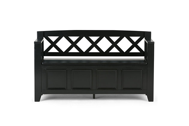 The Amherst storage bench, made from solid wood, allows your inner designer to shine through while creating added storage and seating for your entryway or mudroom. "Form follows function" design rules apply here as the bench features a convenient flip up lid allowing for easy retrieval of articles from the dual storage compartment below.Made of solid wood | Rich black finish with a protective NC lacquer to accentuate and highlight the wood grain | Lift up lid that opens using safety hinges to expose 2 large internal storage compartments | Library framed square front panels; X-back and side design | Seats 2 comfortably | Assembly required | 1-year warranty