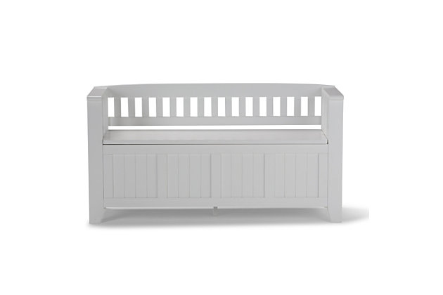 The solid wood Acadian Storage Bench is designed to make a great first impression. This functional, stylish and durable bench allows you to make a statement while creating added storage and seating for your entryway or mudroom. "Form follows function" design rules apply here as the bench features a convenient flip up lid allowing for easy retrieval of articles from the dual storage compartment below.DIMENSIONS: 17" d x 48" w x 25.6" h | Handcrafted with care using the finest quality solid wood | Hand-finished with a Rich White Painted Finish and a protective NC lacquer to accentuate and highlight the grain and the uniqueness of each piece of furniture | Multipurpose large, spacious entryway bench seats 2 comfortably | Features lift up lid that opens using safety hinges to expose 2 large internal storage compartments | Transitional Style includes distinctive elegantly tapered legs, grooved front panels and ladder style seat back | Assembly Required | We believe in creating excellent, high quality products made from the finest materials at an affordable price. Every one of our products come with a 1-year warranty and easy returns if you are not satisfied.